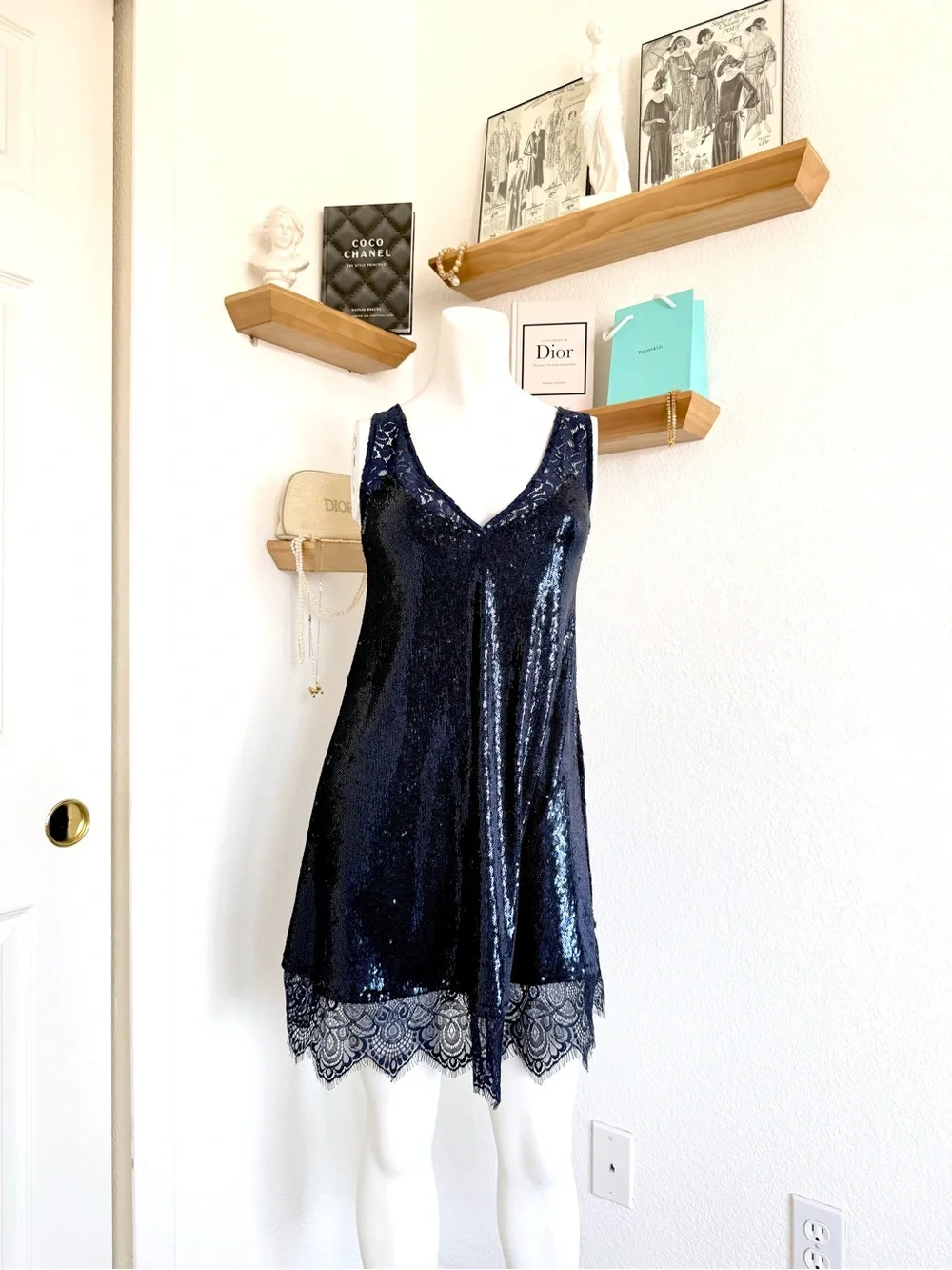 EUC Free People intimately Navy Sequin Lace Slip Dress Size S